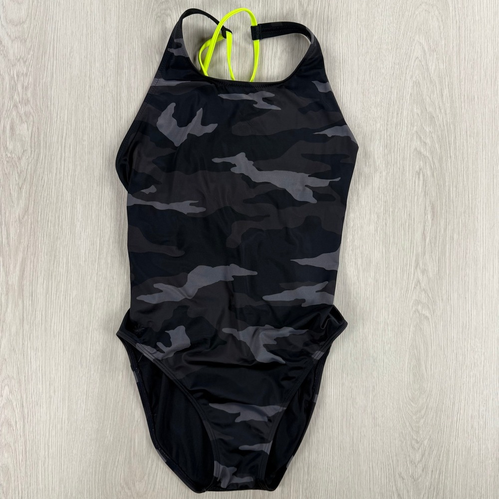 Athleta Camo One Piece Swimsuit Black Grey Neon Yellow Lace Up Back Size 34